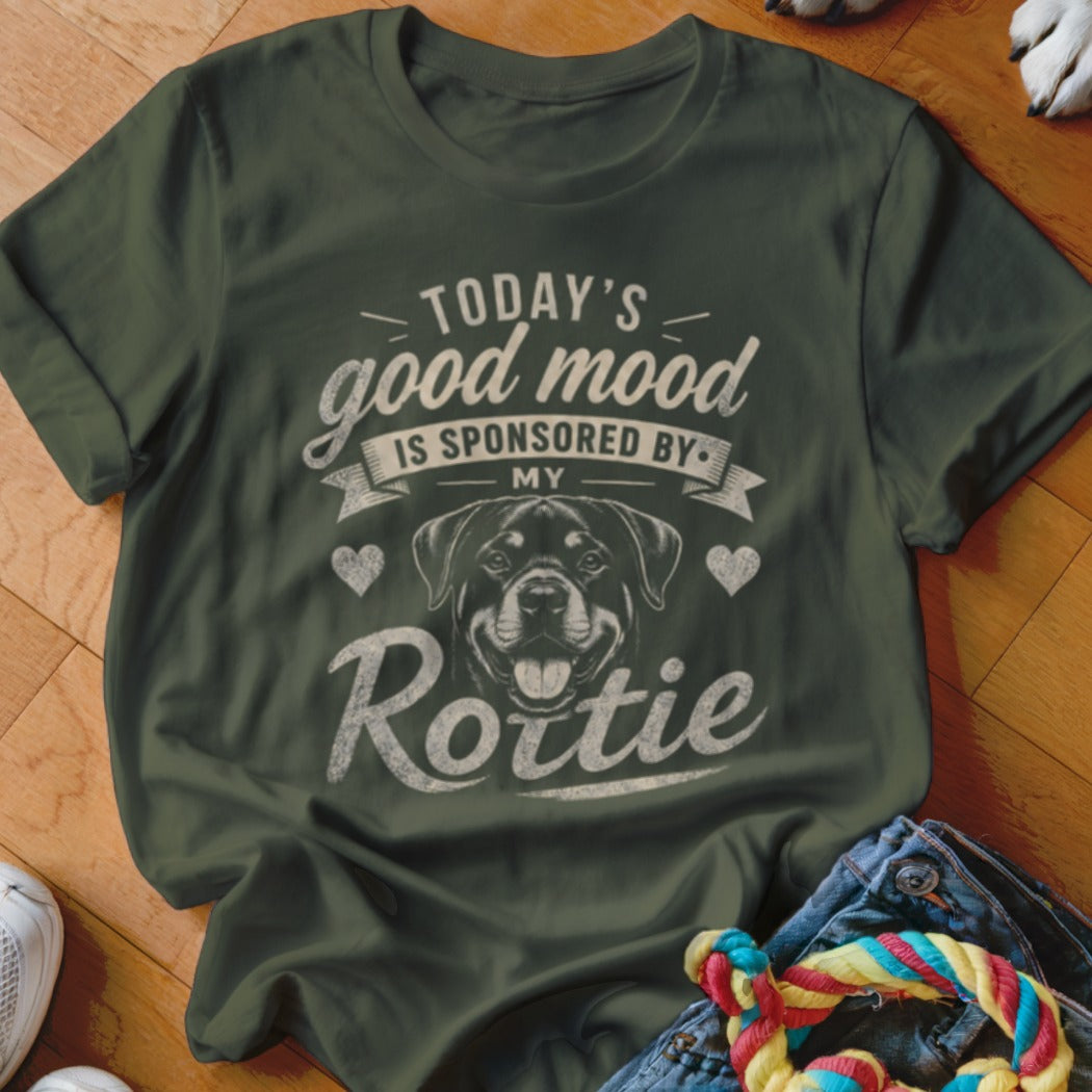 Olive green t-shirt with "Today's good mood is sponsored by my Rottie" and dog graphic.