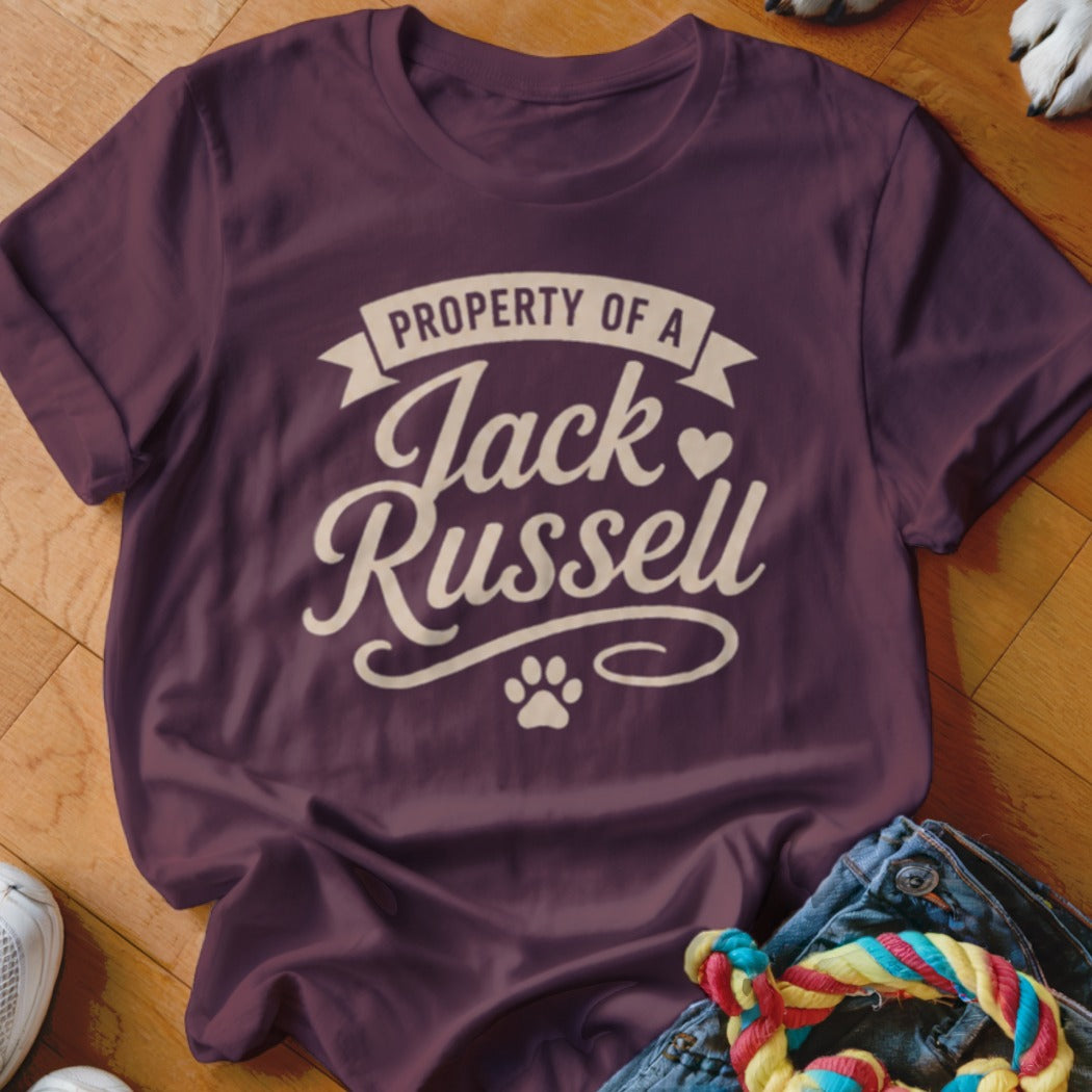 Maroon t-shirt with "Property of a Jack Russell" text and paw print.