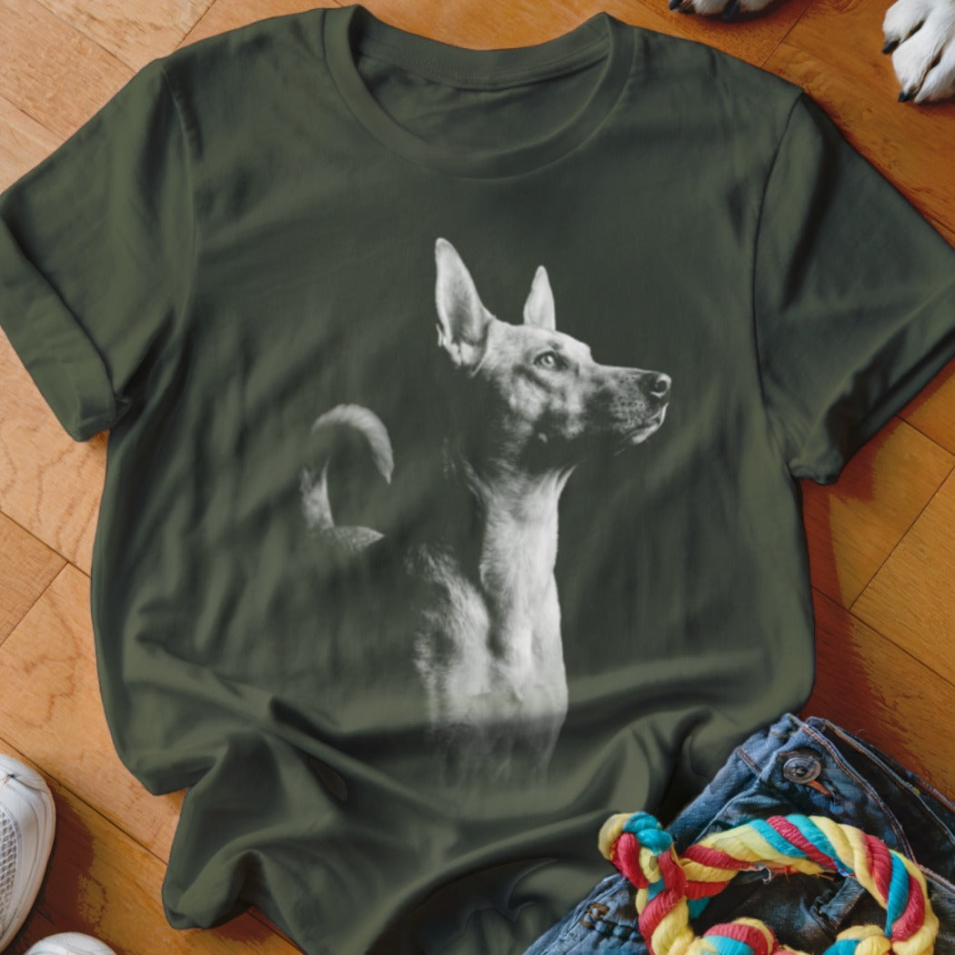 Dark green t-shirt with a black and white image of a dog.
