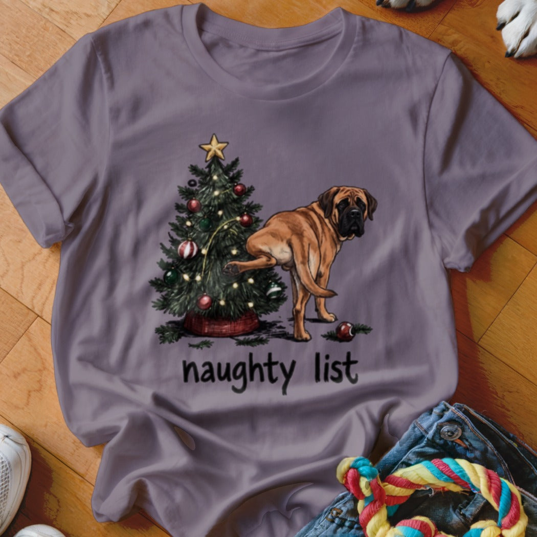 Mastiff dog peeing on Christmas tree with "naughty list" text.