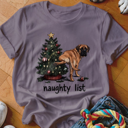 Mastiff dog peeing on Christmas tree with "naughty list" text.