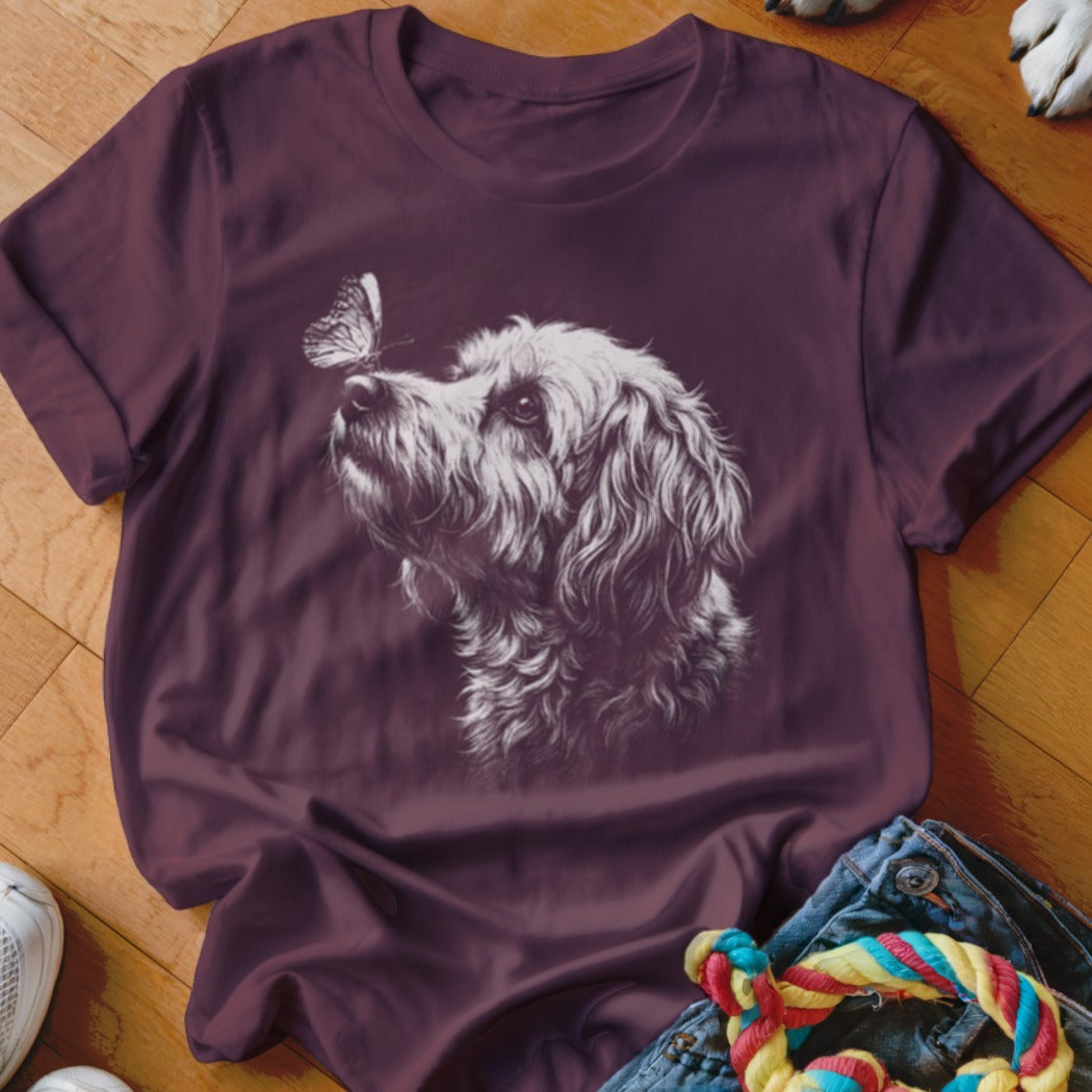 Maroon t-shirt featuring a white graphic of a shaggy dog looking at a butterfly.