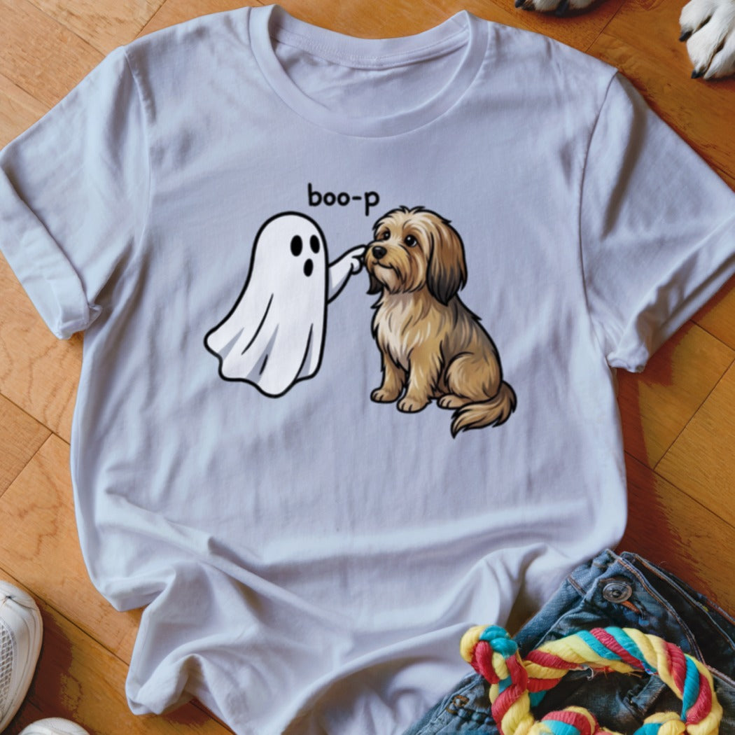 White t-shirt with ghost saying "boo-p" to a fluffy brown dog.