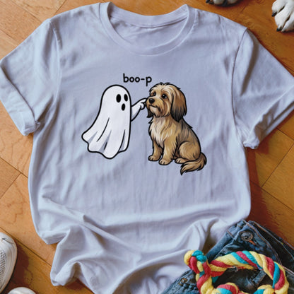 White t-shirt with ghost saying "boo-p" to a fluffy brown dog.
