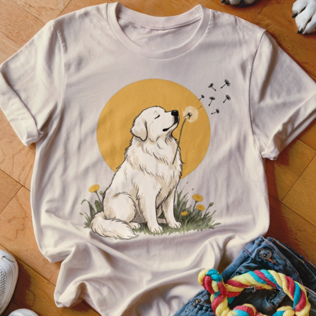 A cream-colored t-shirt with an illustration of a white dog blowing dandelion seeds against a yellow sun.