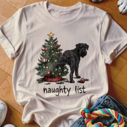Black schnauzer peeing on a Christmas tree, "naughty list" text.