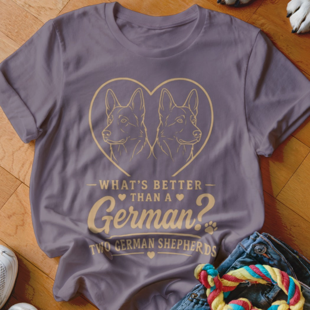 Purple t-shirt with gold line art of two German Shepherds in a heart, and text.