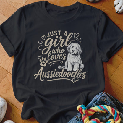 Black t-shirt with "Just a girl who loves Aussiedoodles" and a doodle dog.