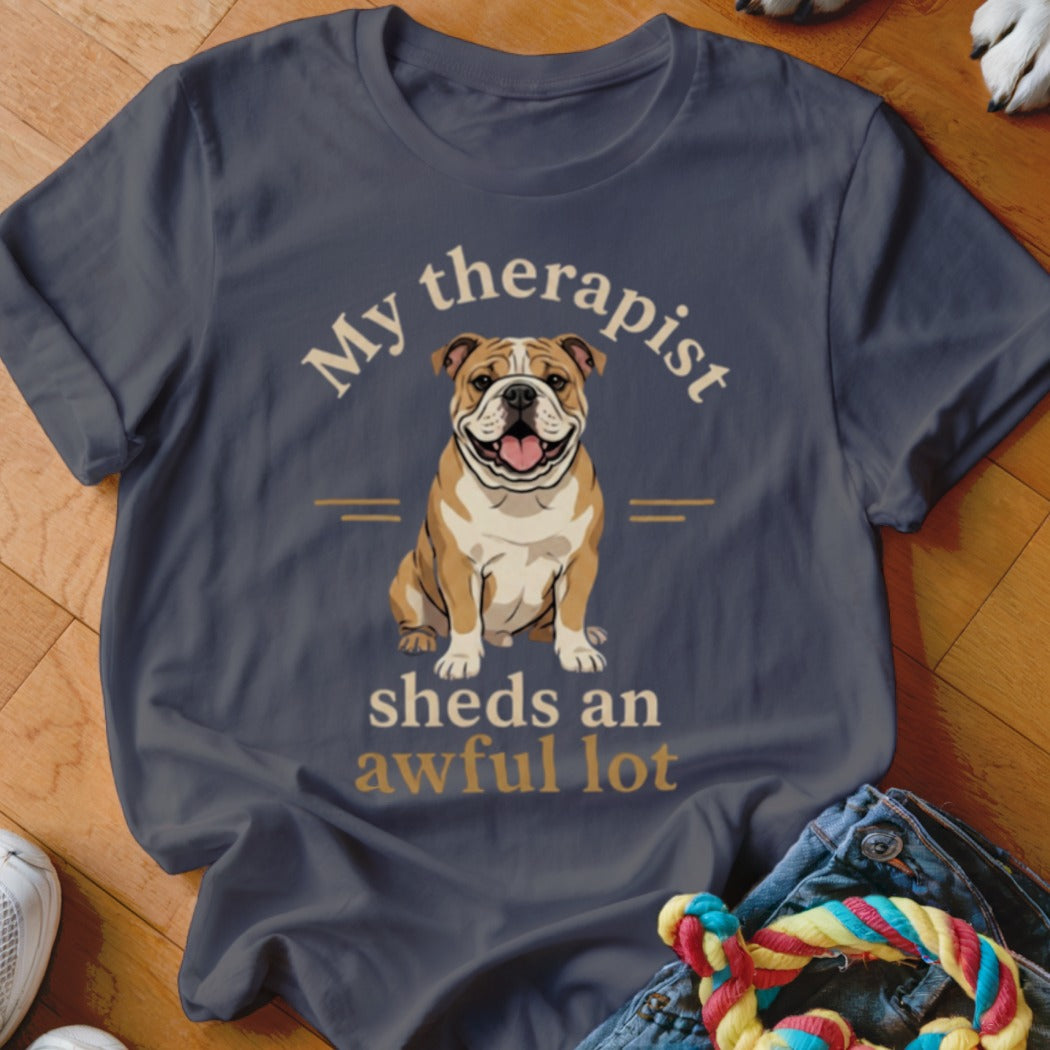 Dark blue t-shirt with bulldog graphic and text: "My therapist sheds an awful lot".