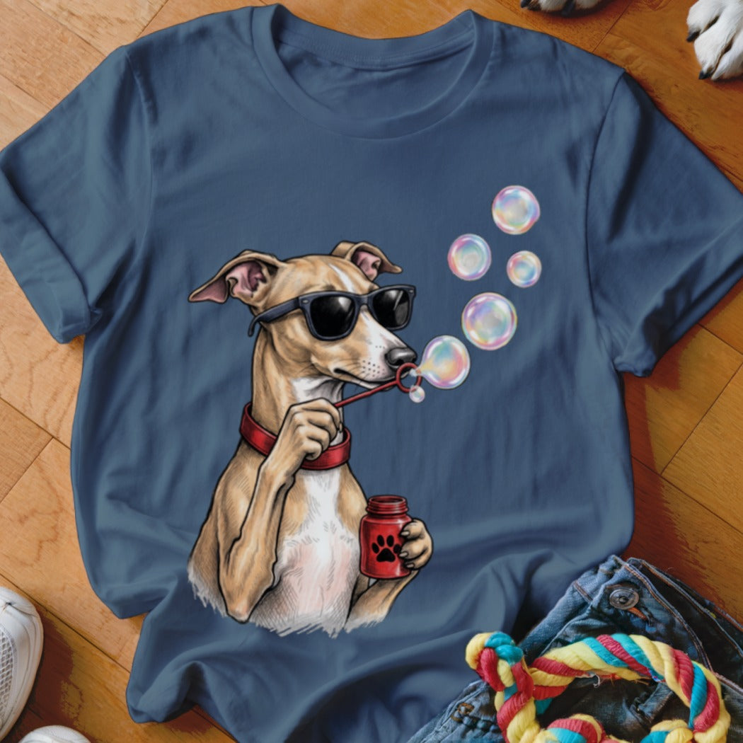 Dark blue t-shirt featuring an illustration of a dog wearing sunglasses and blowing soap bubbles.