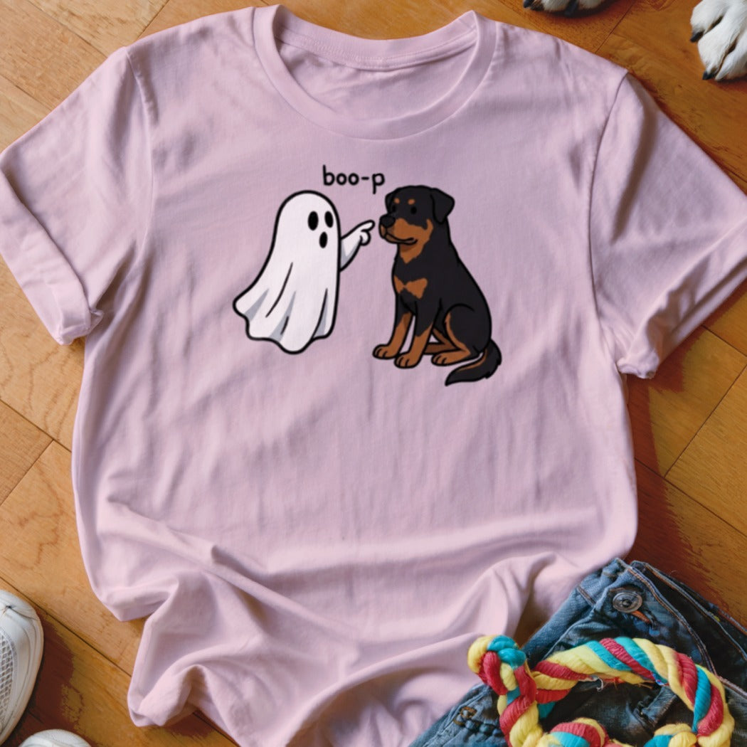 Pink t-shirt with ghost pointing at Rottweiler with text "boo-p".