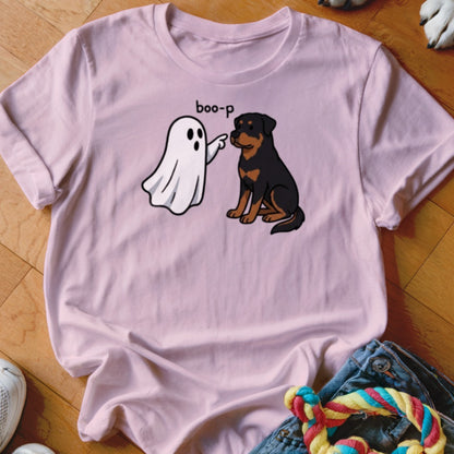 Pink t-shirt with ghost pointing at Rottweiler with text "boo-p".