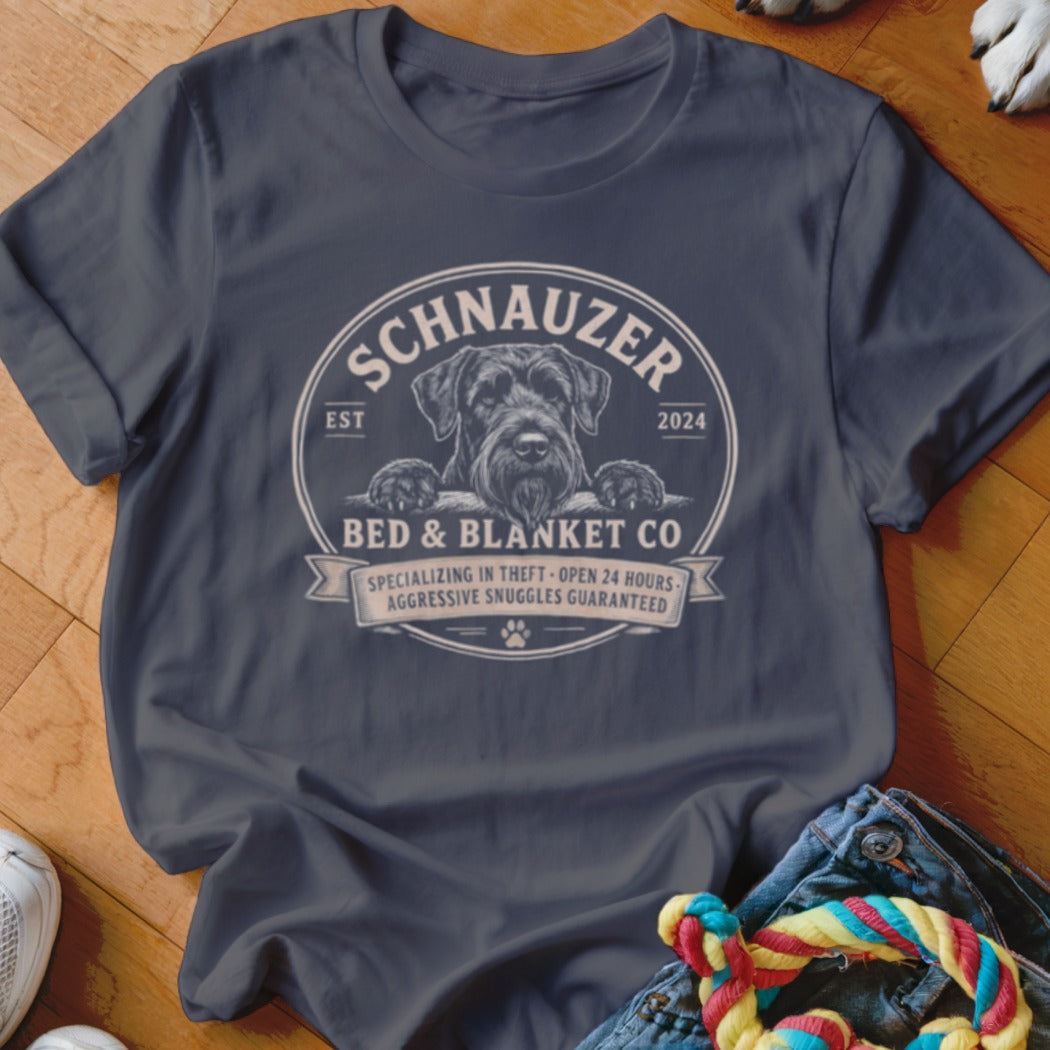 Schnauzer Bed & Blanket Co. design with a dog, est. 2024, specializing in theft.
