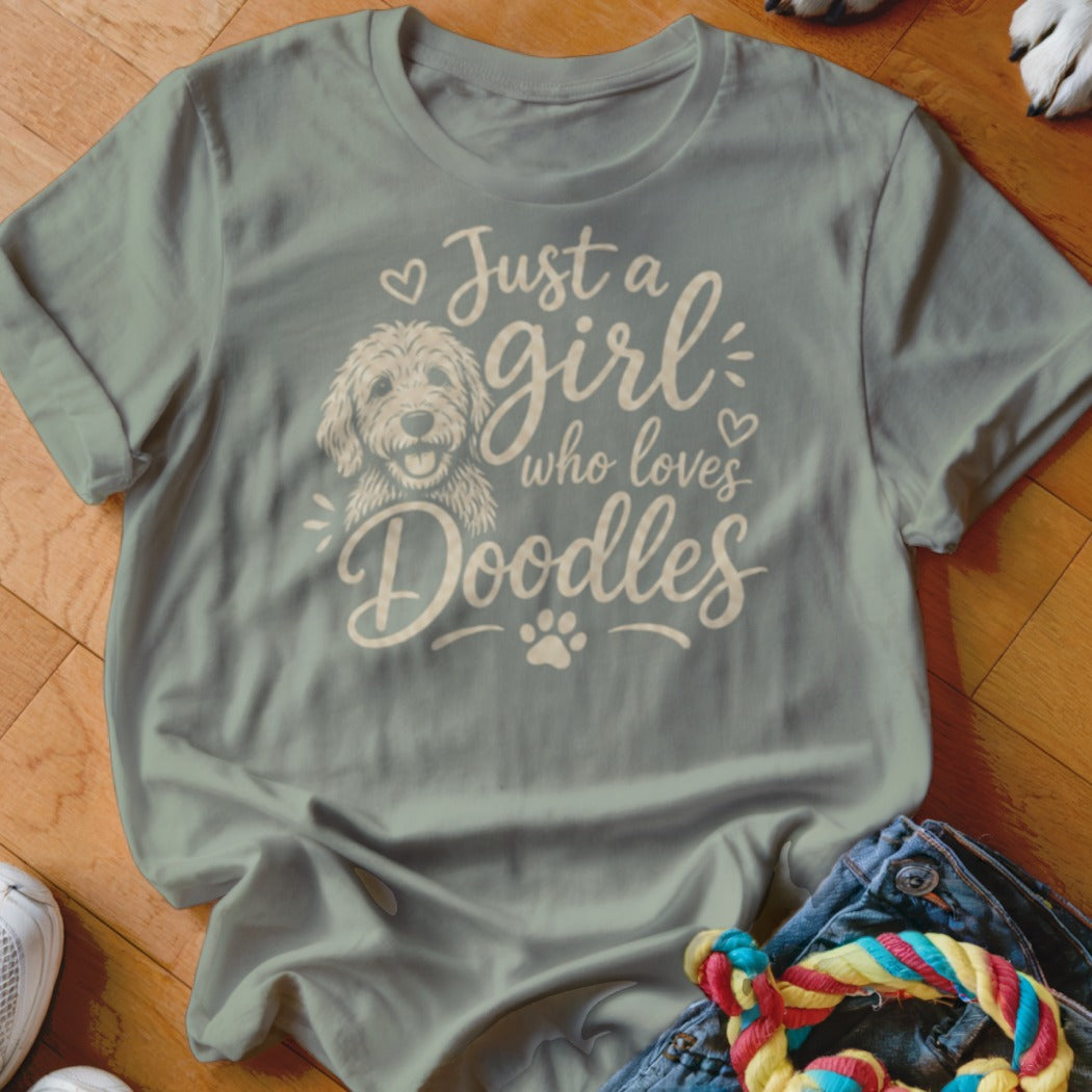 Light grey t-shirt with "Just a girl who loves Doodles" and a doodle dog graphic.