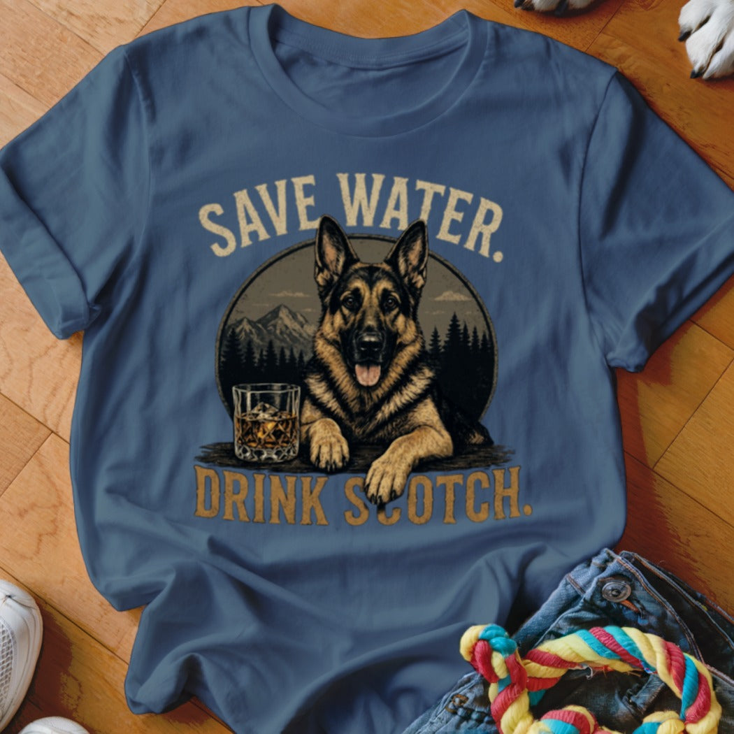German Shepherd with whiskey glass and "Save Water. Drink Scotch." text.