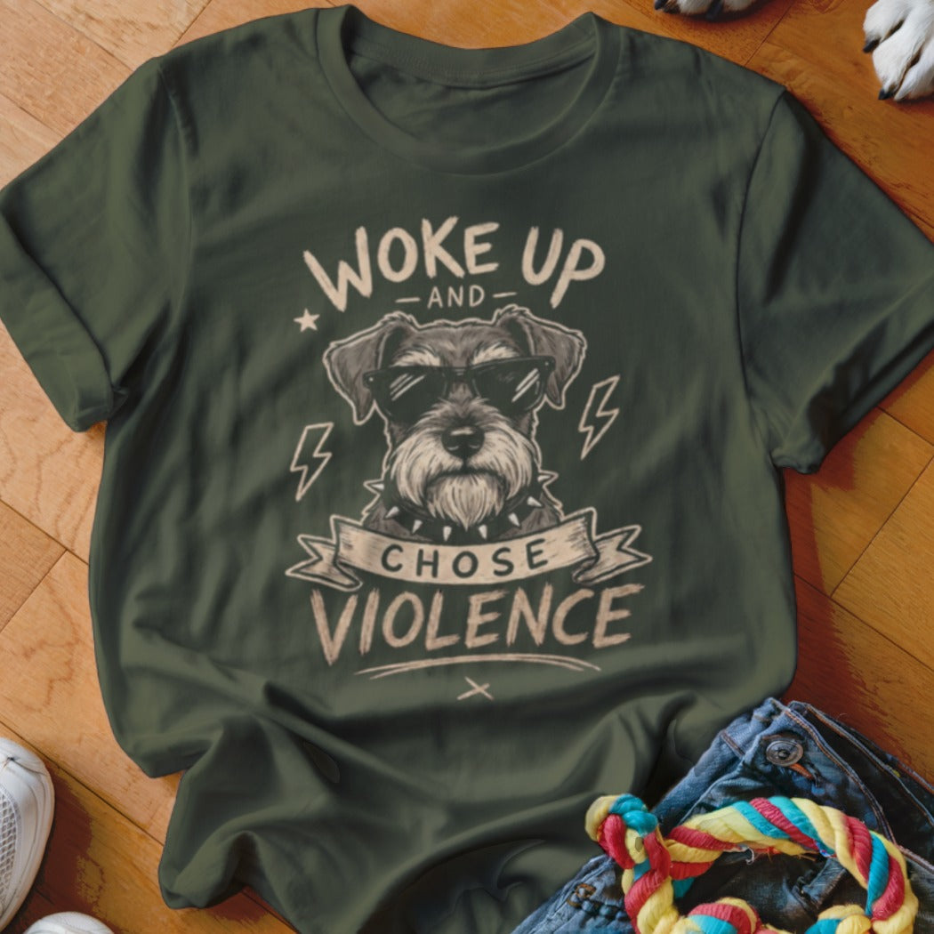 Dark green t-shirt with a dog wearing sunglasses and the text "Woke Up and Chose Violence".