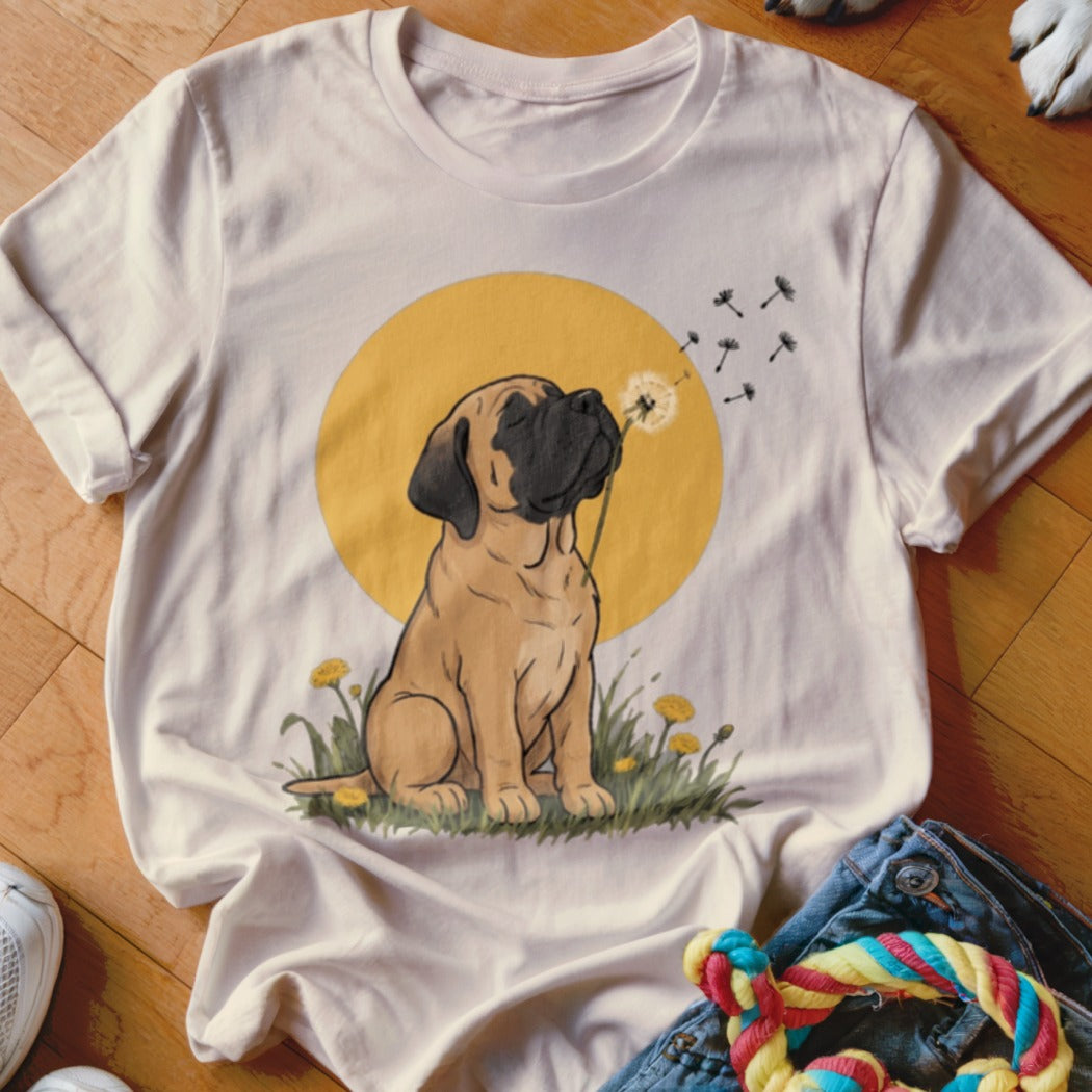 A cream-colored t-shirt with a graphic of a mastiff blowing dandelion seeds in front of a yellow circle.
