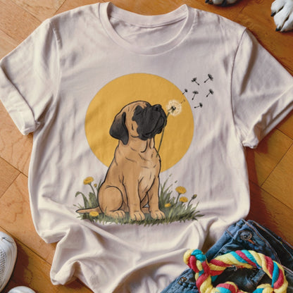 A cream-colored t-shirt with a graphic of a mastiff blowing dandelion seeds in front of a yellow circle.