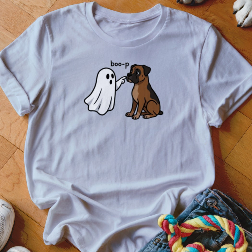 White t-shirt with a cartoon ghost saying "boo-p" to a boxer dog.