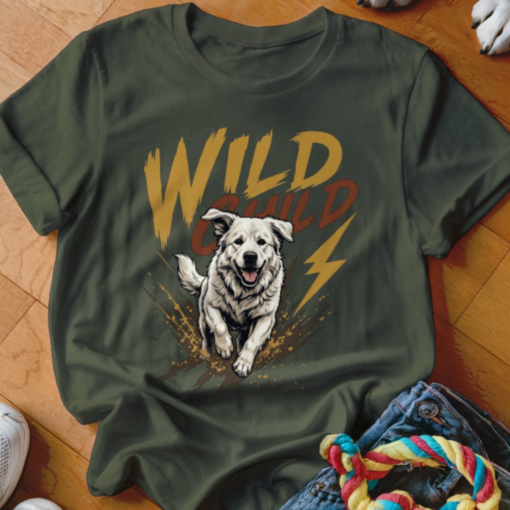Dark green t-shirt featuring a graphic of a running white dog and the text Wild Child.