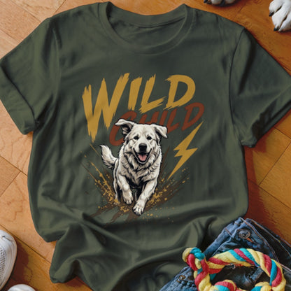 Dark green t-shirt featuring a graphic of a running white dog and the text Wild Child.