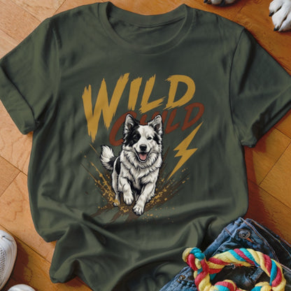 Dark green t-shirt featuring a graphic of a running dog and the text WILD CHILD.