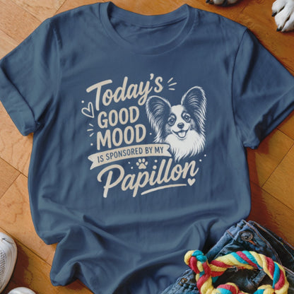 Navy t-shirt with "Today's Good Mood Is Sponsored By My Papillon" and a dog graphic.
