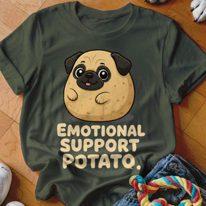 Dark green t-shirt with cartoon pug and text "EMOTIONAL SUPPORT POTATO."