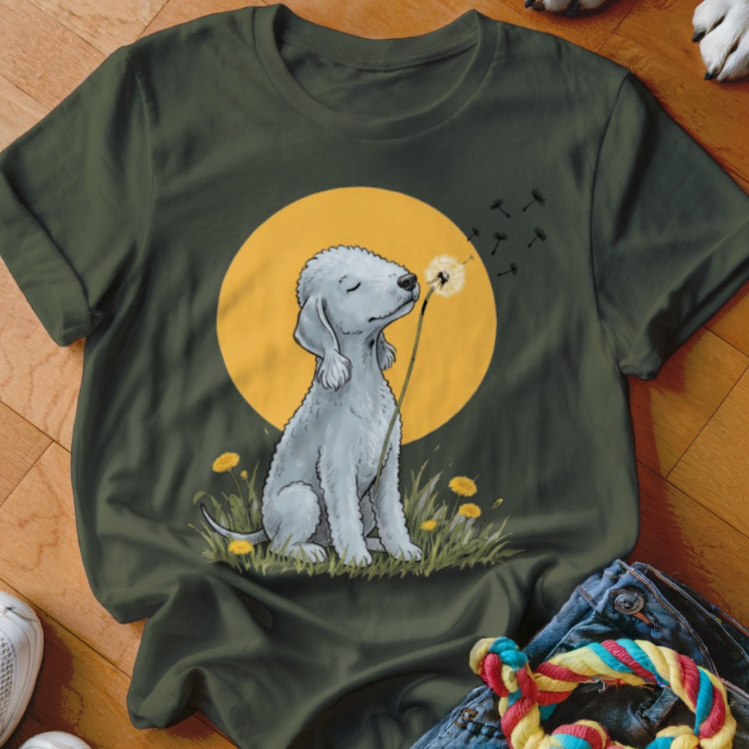 Dark green crewneck t-shirt featuring a graphic of a white dog blowing a dandelion seed head against a yellow sun.