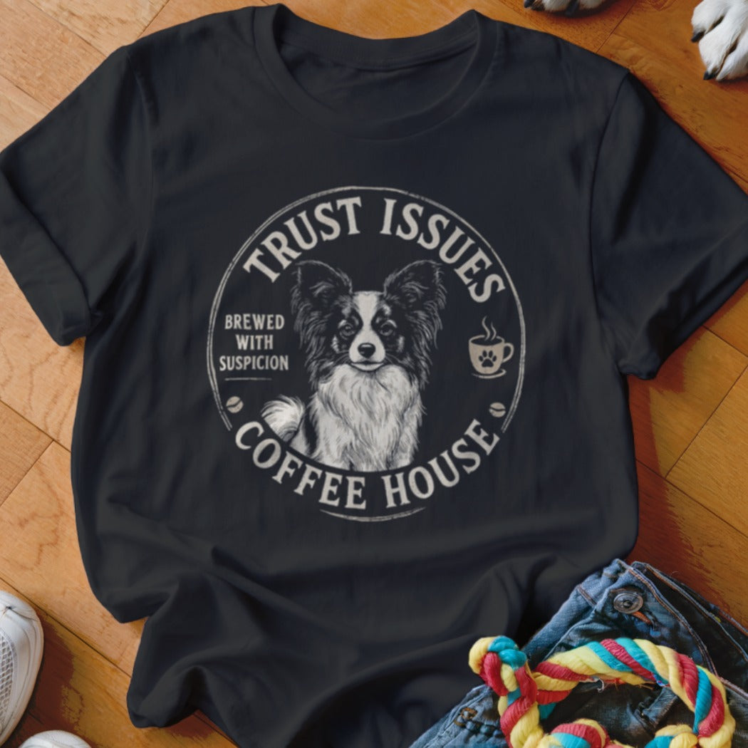 Black t-shirt with "Trust Issues Coffee House" and a dog design.