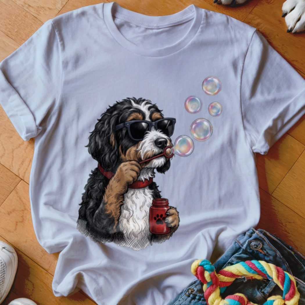 A white short-sleeved t-shirt features a graphic of a Bernedoodle wearing sunglasses and blowing bubbles.