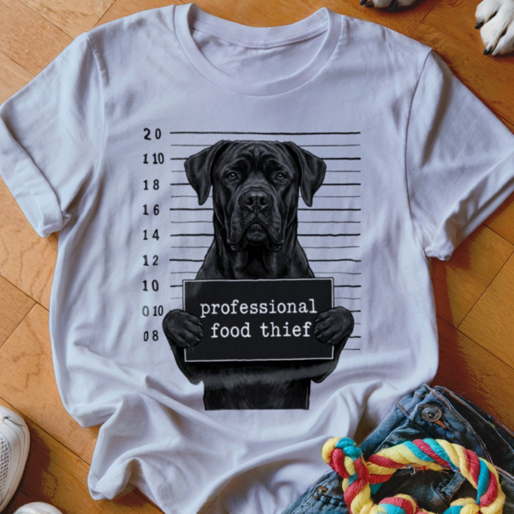 White t-shirt with a black dog in a mugshot holding a "professional food thief" sign.