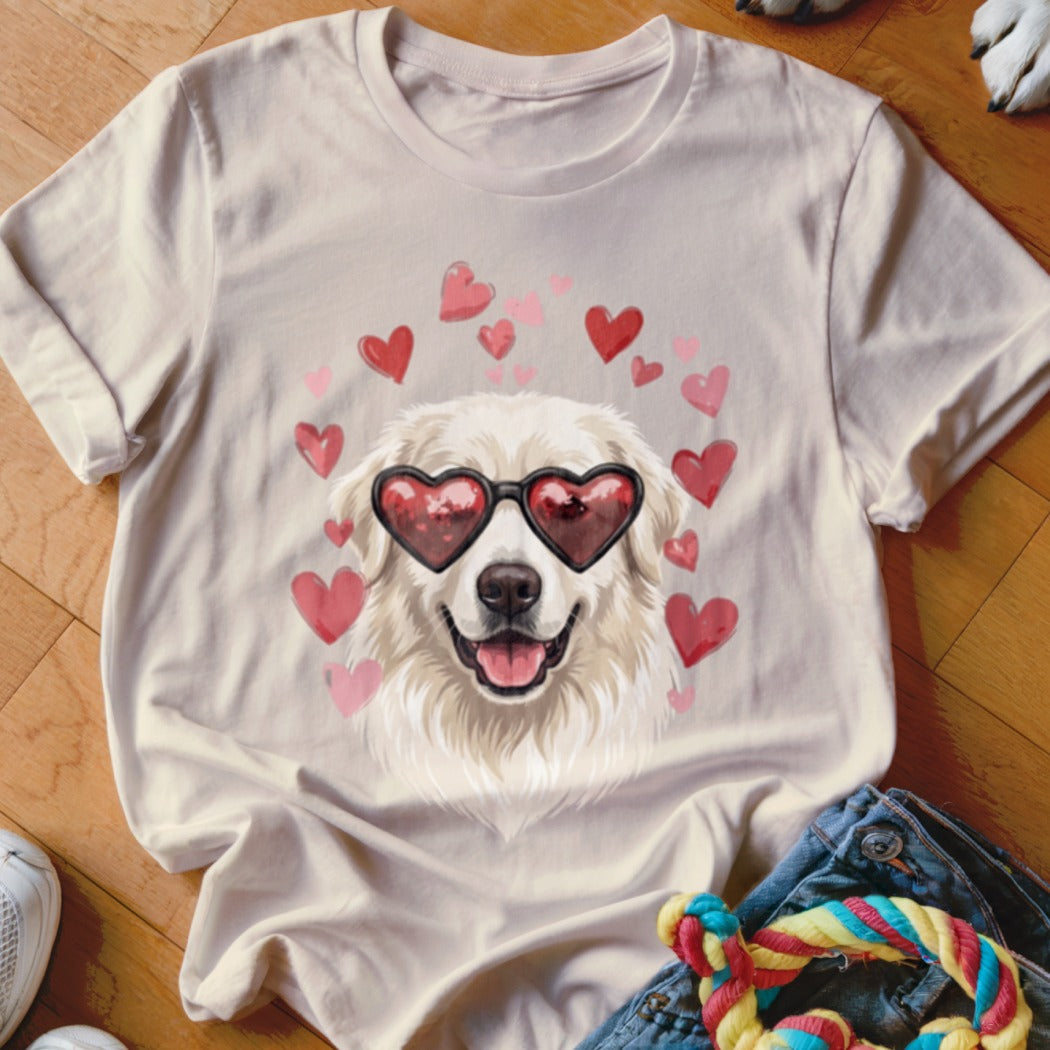 Light beige crewneck t-shirt featuring a graphic of a white dog wearing heart-shaped sunglasses surrounded by pink and red hearts.