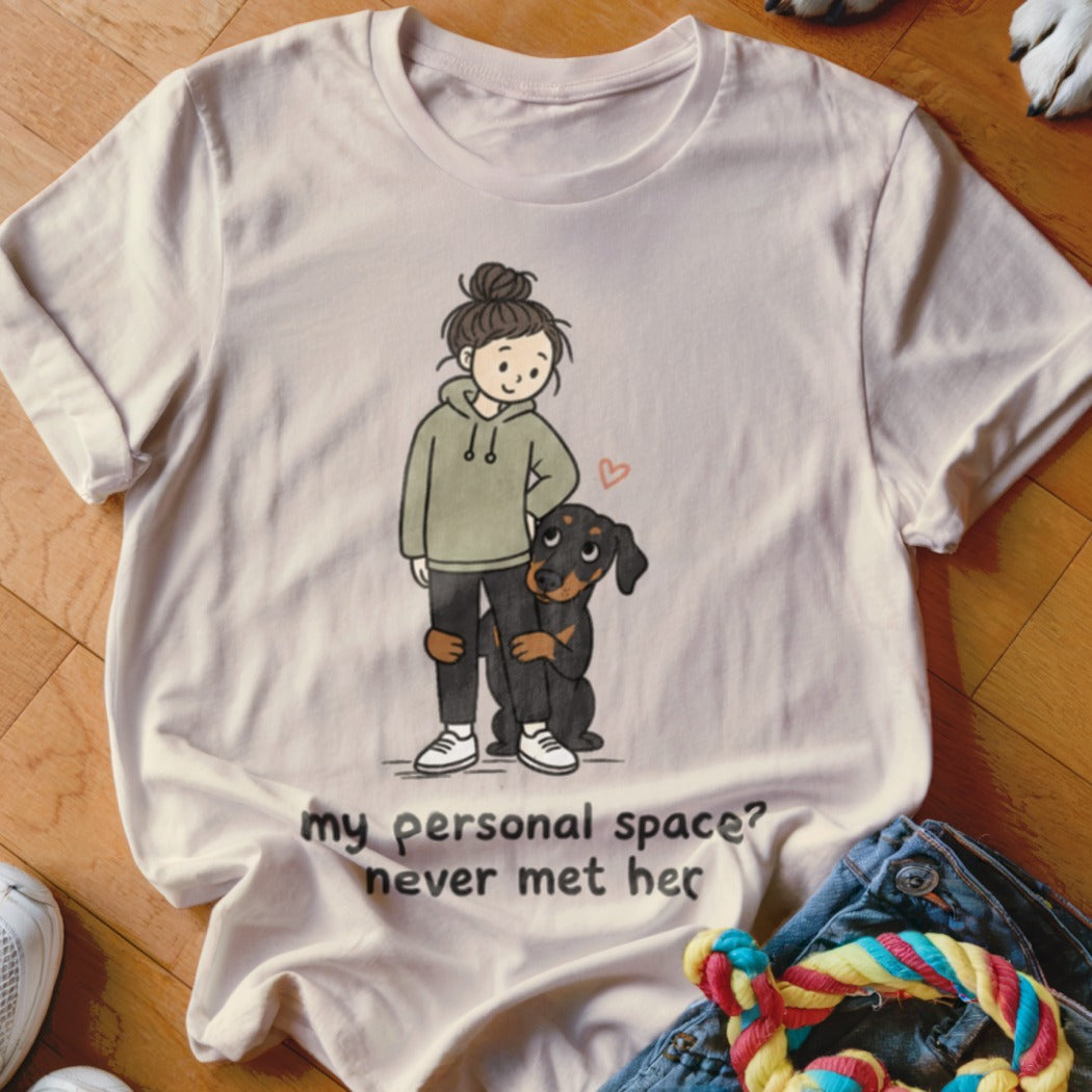 T-shirt with girl and dog illustration reading "my personal space? never met her".