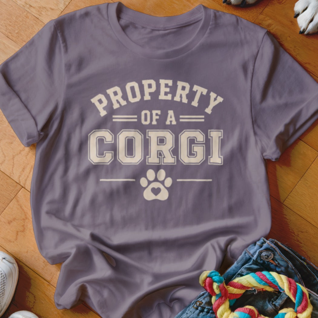 Purple t-shirt with "PROPERTY OF A CORGI" text and a paw print icon.
