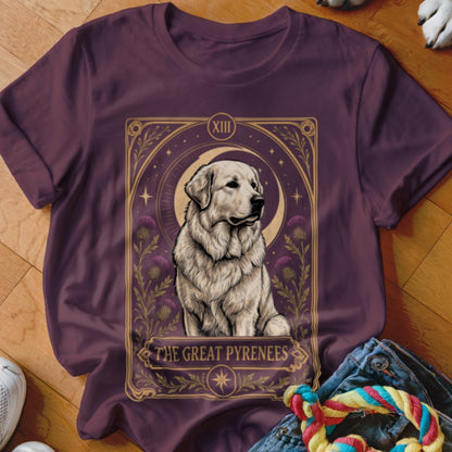 Maroon t-shirt featuring a tarot card graphic of a Great Pyrenees dog with text.
