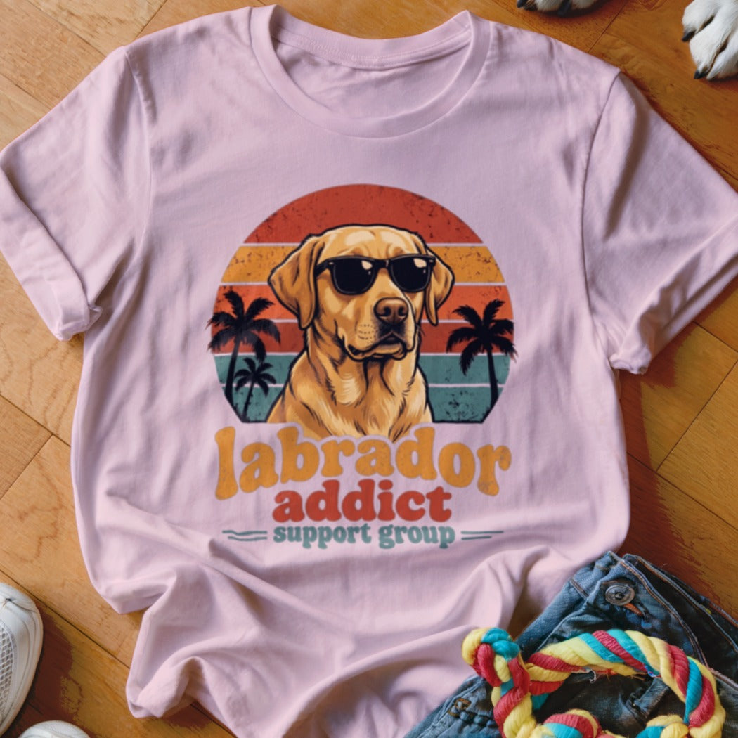 Light pink t-shirt featuring a retro graphic of a yellow Labrador wearing sunglasses before a sunset and palm trees, with the text Labrador Addict Support Group.