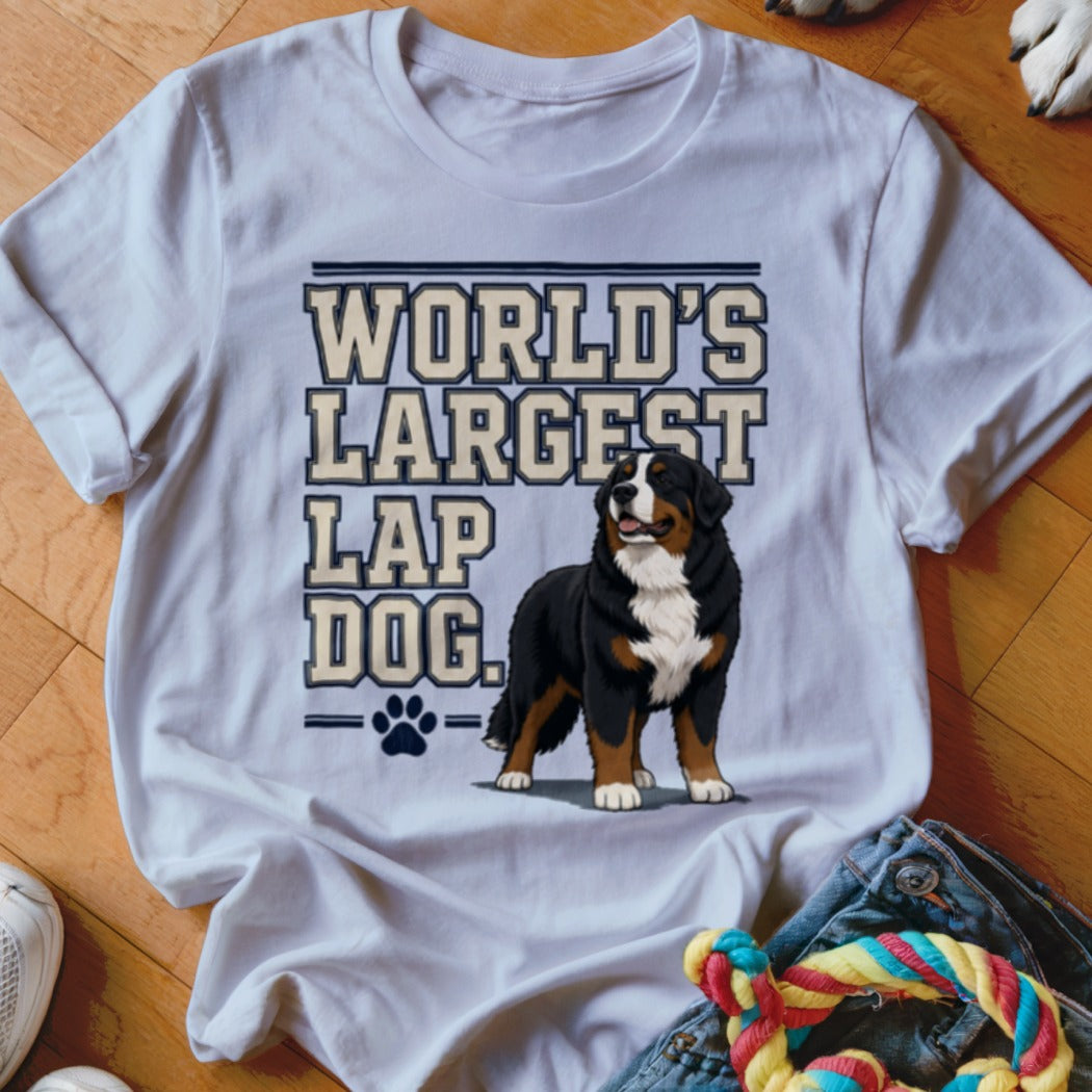 White t-shirt with "WORLD'S LARGEST LAP DOG" text and Bernese Mountain Dog illustration.