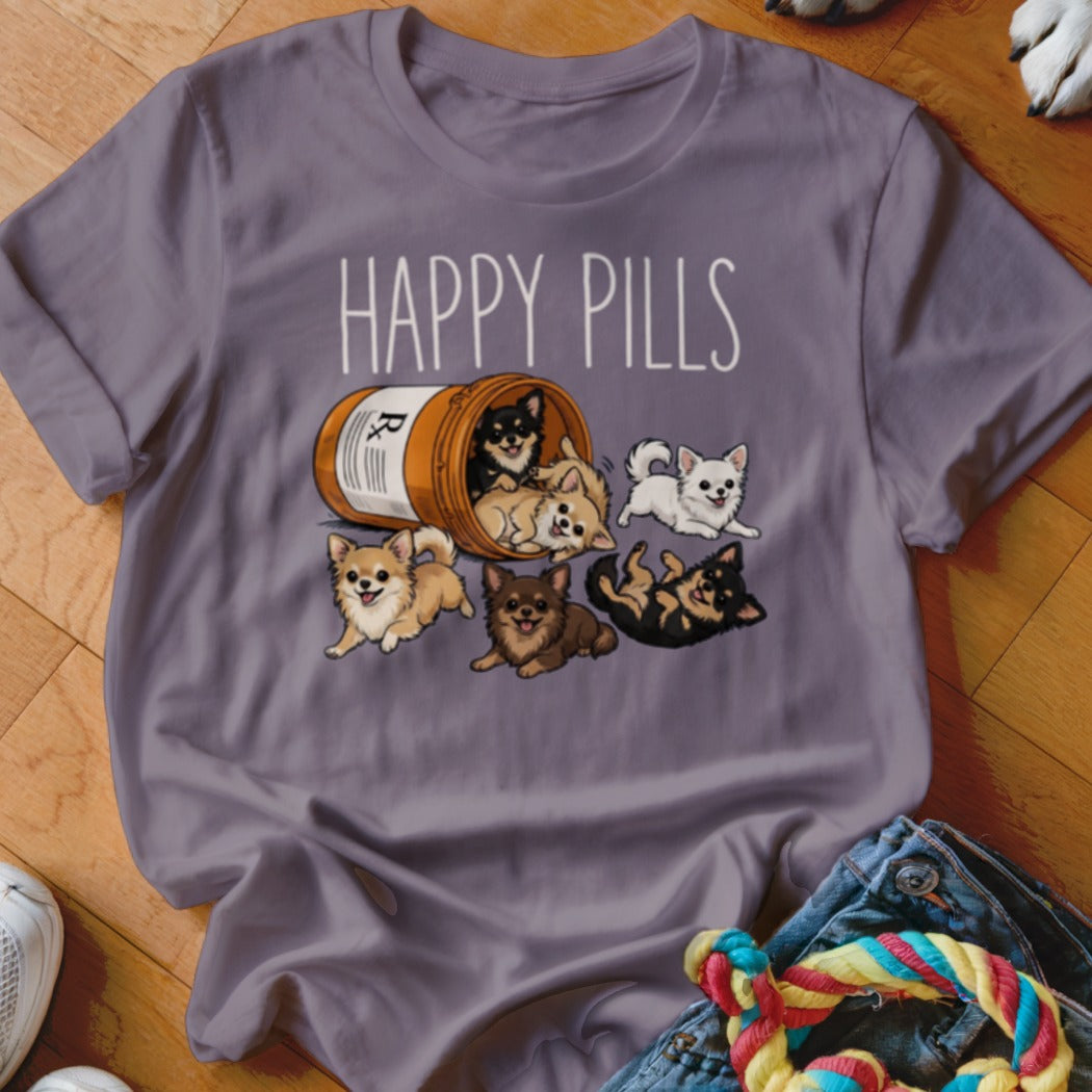 Chihuahua dogs spilling from a pill bottle with text "HAPPY PILLS".