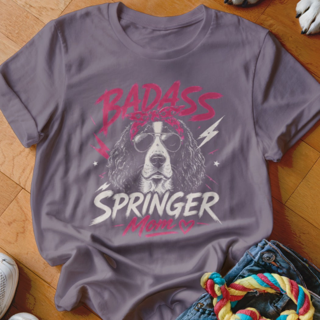 Grey t-shirt with a Springer Spaniel wearing sunglasses and a bandana, text reads "BADASS SPRINGER MOM".