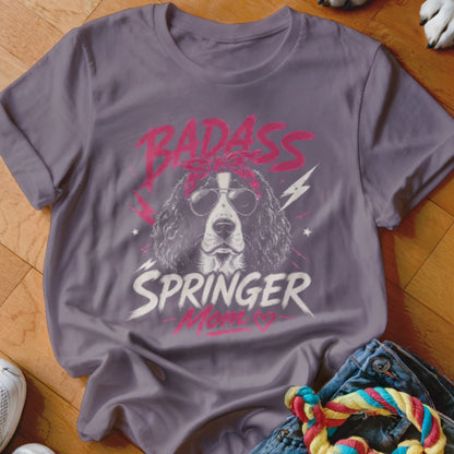 Grey t-shirt with a Springer Spaniel wearing sunglasses and a bandana, text reads "BADASS SPRINGER MOM".