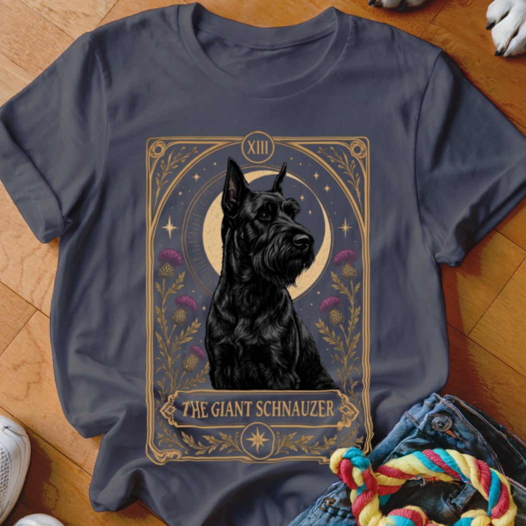 Charcoal t-shirt featuring a tarot-style graphic of a black schnauzer, moon, and thistles.
