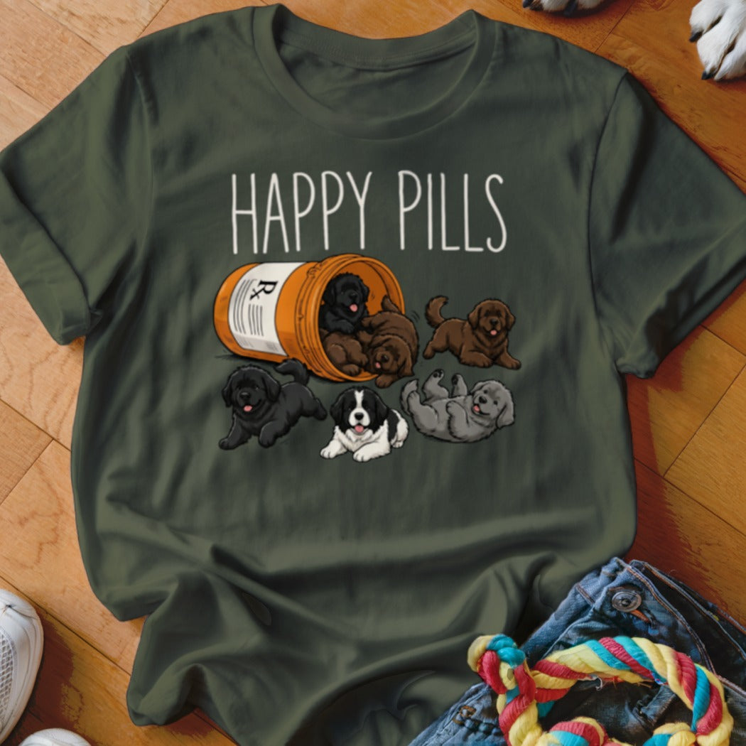 T-shirt with "Happy Pills" text and several puppies spilling from a prescription bottle.