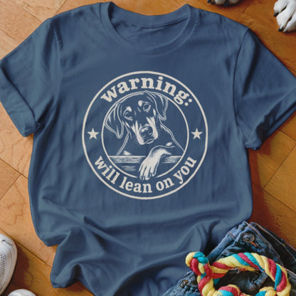 Navy blue t-shirt with a white circular graphic of a dog and text.