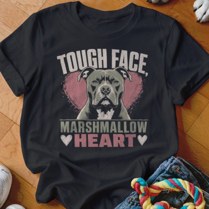 Black t-shirt with a pit bull, pink heart, and text "TOUGH FACE, MARSHMALLOW HEART".