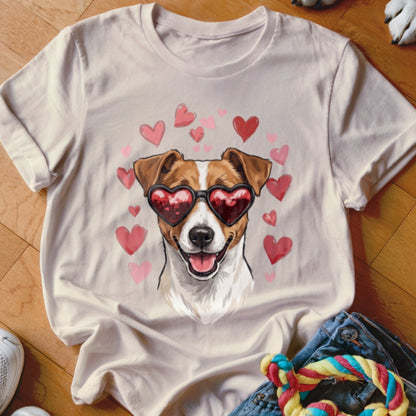 A cream-colored t-shirt featuring an illustration of a dog wearing heart-shaped sunglasses, surrounded by pink and red hearts.