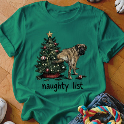 Mastiff dog lifting leg on Christmas tree with text "naughty list".