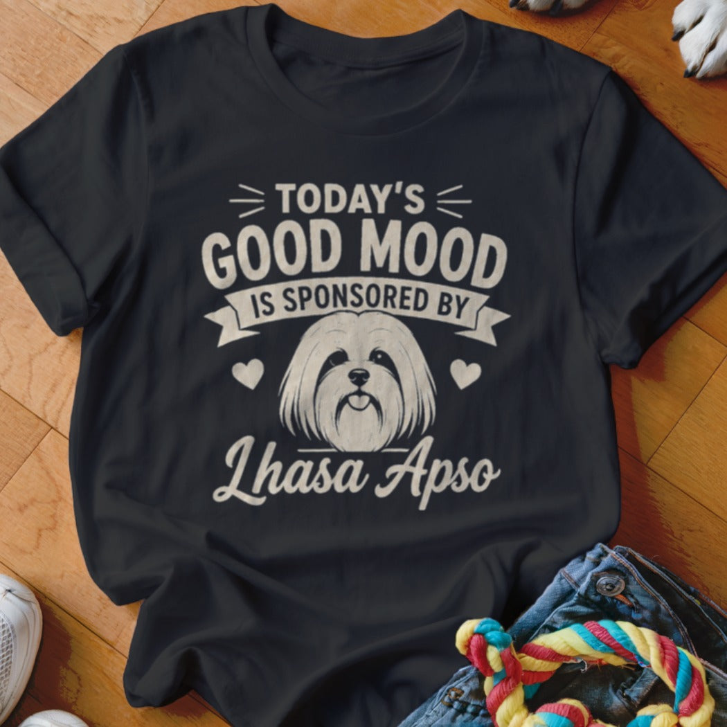 Black t-shirt with text "Today's Good Mood Is Sponsored By Lhasa Apso" and dog graphic.