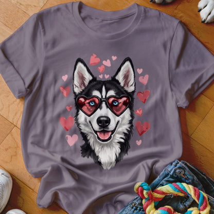 Purple t-shirt featuring an illustration of a husky wearing heart-shaped sunglasses, surrounded by pink hearts.