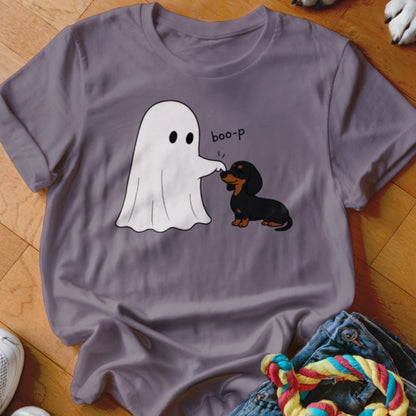 Ghost taps a dachshund's nose with text "boo-p".